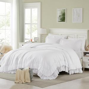 Cupocupa White Ruffle King Size Comforter Set; Shabby Chic Bedding Farmhouse Rustic 3 Pcs Bedding Ultra Soft Fluffy Washed Vintage Solid Boho Lightweight Off White Bed Set for All Seasons