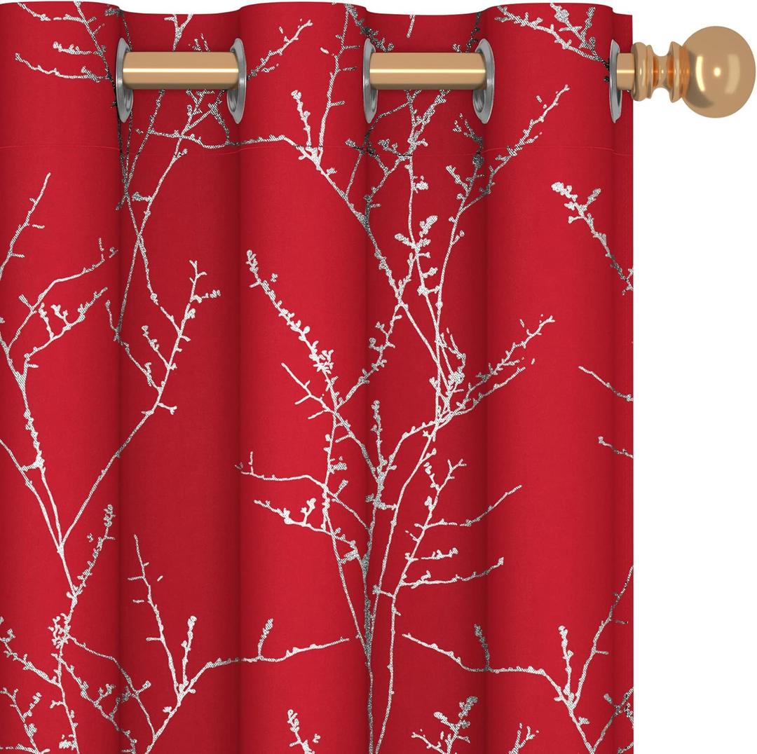 Deconovo Christmas Red Curtains, Blackout Drapes, Soundproof Curtain, Silver Print, 42 x 63 Inch Long, 2 Panels, Machine Washable Window Panel for Living Room Bedroom Festival Party Decoration Kitchen (Red/Tree Branch)
