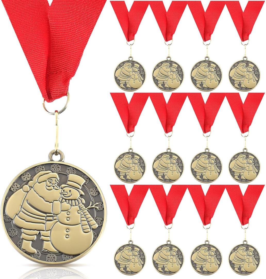 12 Pcs/24 Pcs Christmas Santa Medals 2 Inch Gold Christmas Snowman Trophy Awards with Red Neck Ribbons for Xmas Trophy Gift Holiday Party Ornaments Decor Prizes