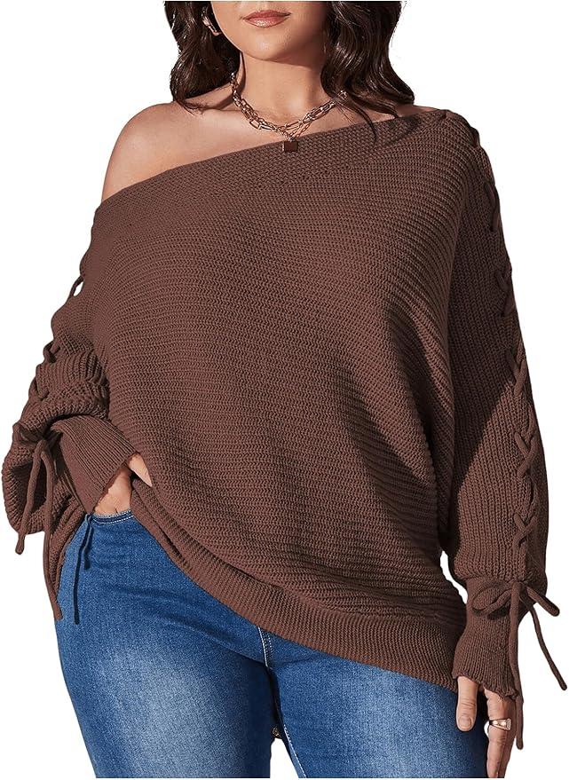 SOLY HUX Plus Size Off The Shoulder Sweaters for Women Lace Up Long Sleeve Knit Pullover Tops, XL Plus