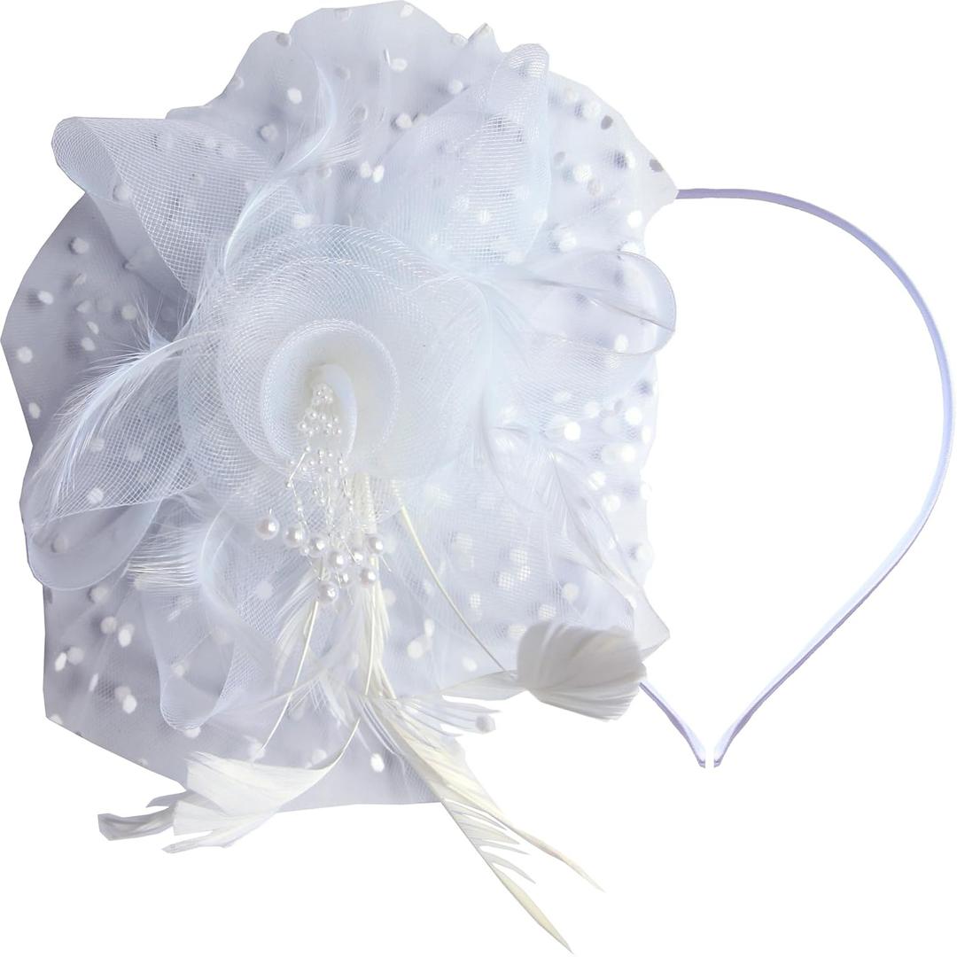 Elegant Fascinator Hair Clip with Short Lace Gloves Stylish Wedding, Cocktail & Tea Party Headwear for Women White