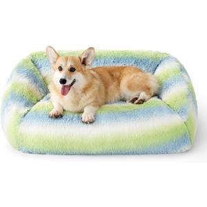 Lesure Dog Bed Medium Size - Cute Furry Calming Puppy Beds, Rectangle Washable Indoor Pet Beds with Removable Zipper Cover, 35x25x11inches, Green Stripe (Large)