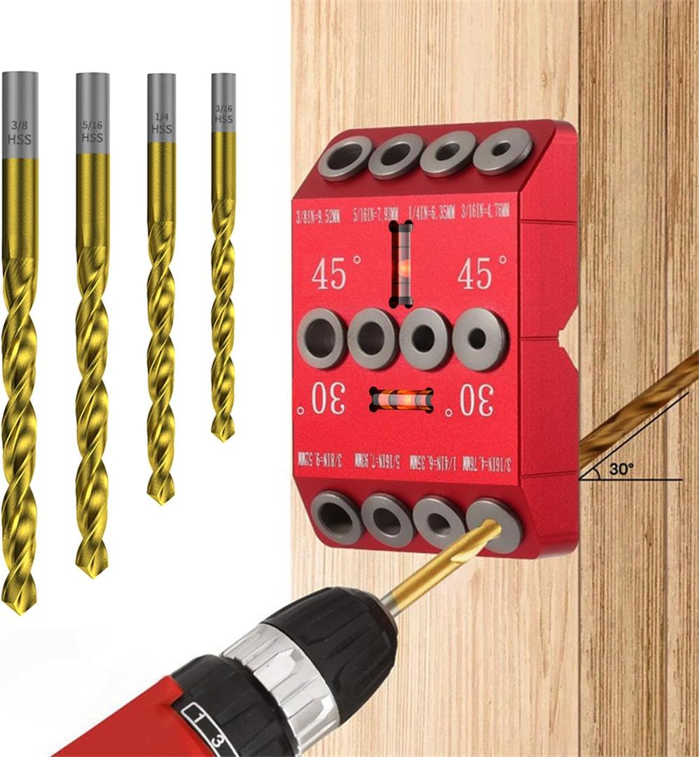 30 45 90 Degree Angle Drill Guide Jig for Hand Drill, Angle Drill Guide for Straight Holes and Angle Drilling, used for Stairs Handrails, Cable Railings, Decks, and Wood Posts Level designwith 4 Bits (Aluminum Red)