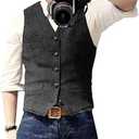 Ceehuteey Mens Suit Vest Waistcoat Tweed Retro V Neck Wool Herringbone for Prom (Black), Large