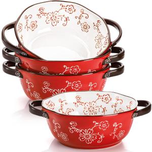 AVLA 4 Pack Ceramic Soup Bowls, 22 Ounces Porcelain Serving Bowl Set with Doundle Handle, Large Ceramic Crocks for French Onion Soup, Stew, Pasta, Cereal, Pot Pies (Red)