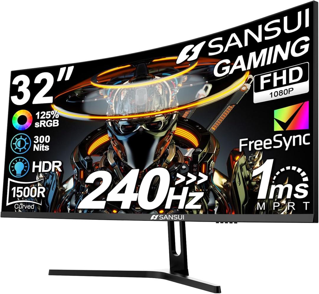 SANSUI 32 Inch Curved 240Hz Gaming Monitor High Refresh Rate, FHD 1080P Gaming PC Monitor HDMI DP1.4, Curved 1500R, 1Ms MPRT, HDR,Metal Stand,VESA Compatible (ES-G32C3F DP Cable Included)