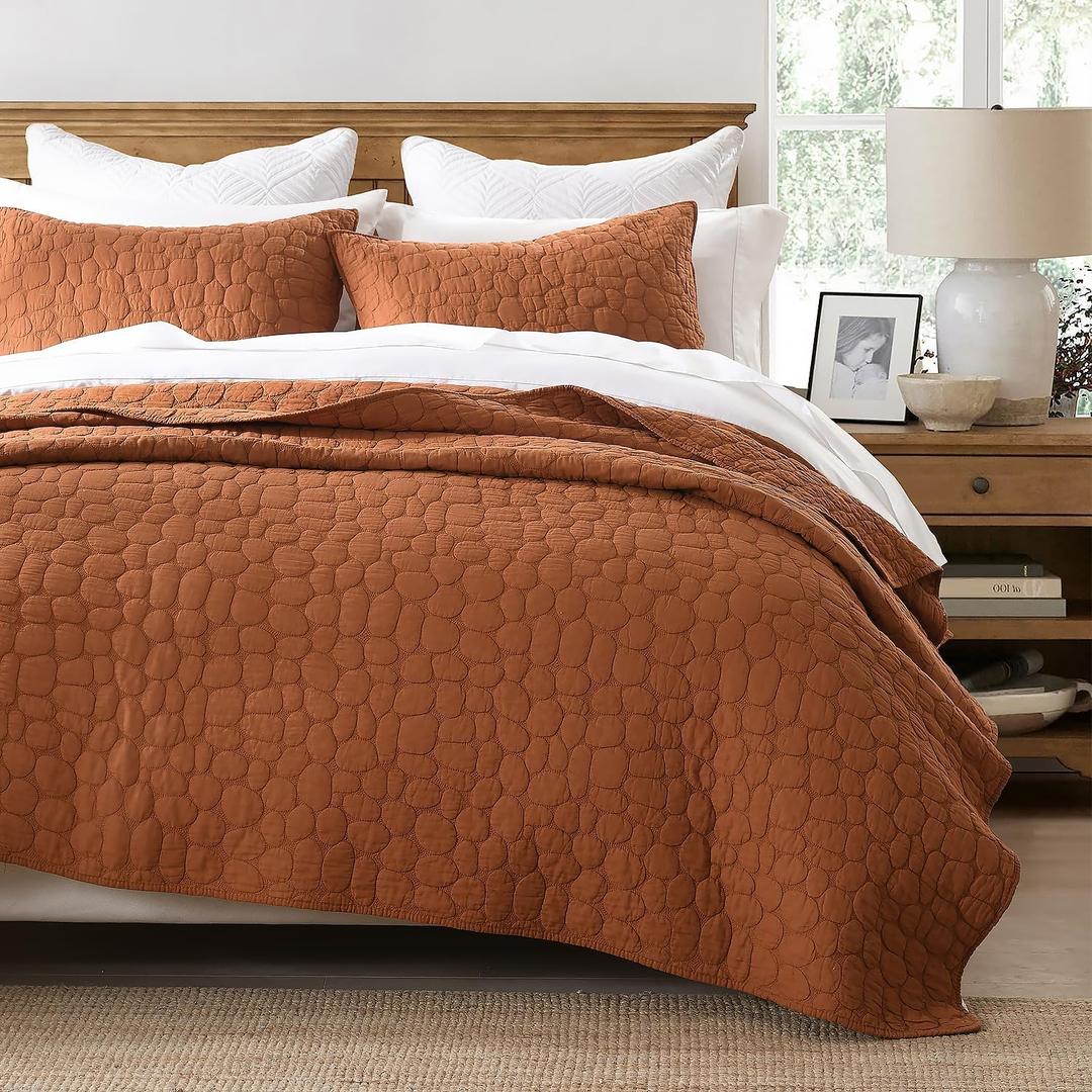 HORIMOTE HOME 100% Cotton Quilt Set Queen Size, Burnt Orange Pre-Washed Bedspreads Coverlet Set with Cobblestone Pattern, Cozy Lightweight Stitching Decorative Bedding Cover for All Season