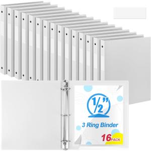 Henoyso 16 Pack 0.5 Inch 3 Ring Binder Round Ring, Bulk 1/2 Inch Binders Hold 140 Sheets with Pocket, Fits Letter Size 8.5" x 11" Paper, Document Organizer for Back to School Classroom Office (White)