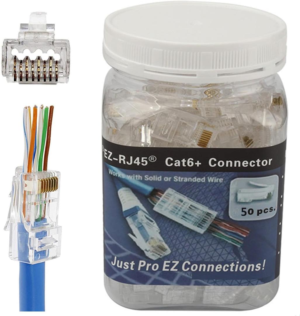 RJ45 Cat6A Cat6 Pass Through Connectors 50Pack 23AWG End Bold Ethernet 8P8C Gold Plated Modular Plug for Unshielded Twisted Pair Solid Wire Standard Cables