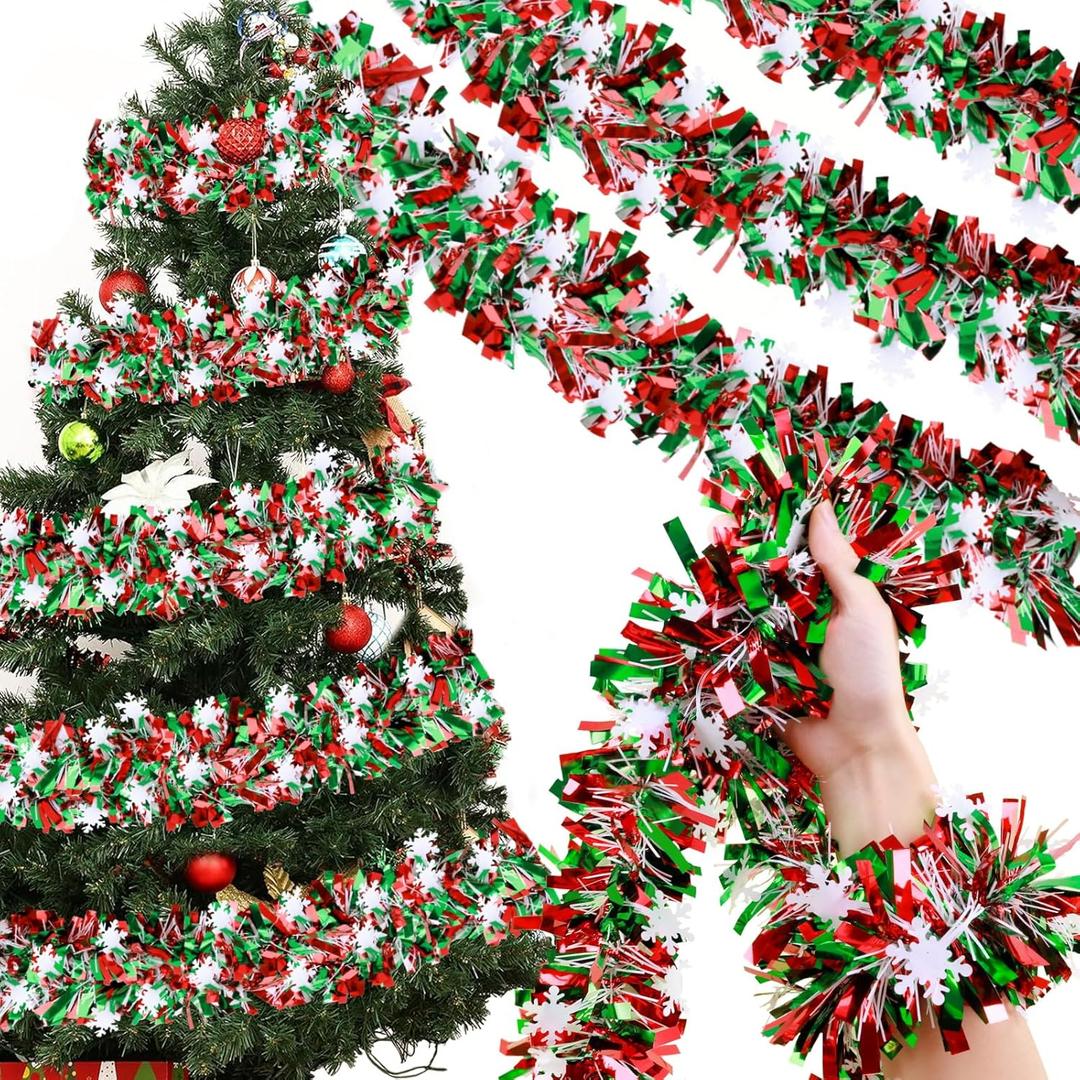 Green and Red Christmas Metallic Tinsel Twist Garland 49 Feet Glitter Christmas Tree Hanging Wreath Decor Xmas Tinsel Garland for Home Mantle Stair Railing New Year Indoor Outdoor Decorations