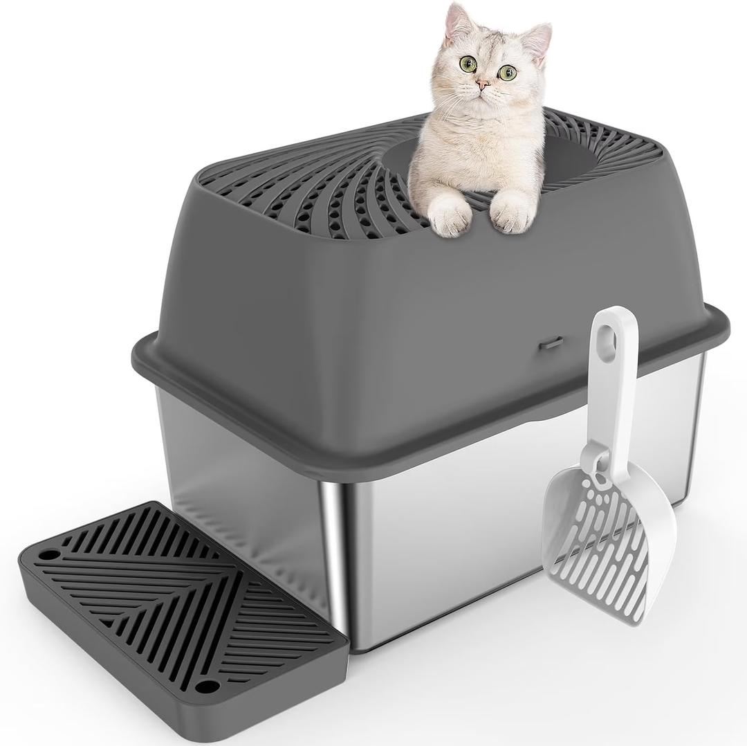 8" Deep Stainless Steel Litter Box with Lid, Top Entry Cat Litter Box for Dog-Proof, Enclosed Cat Litter Pan with Footboard, Odor Control, Anti-Leakage, Non-Sticky, Easy Cleaning (Charcoal Gray)