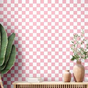 Retro Checkered Peel and Stick Wallpaper 70s Funky Checkered Contact Paper Geometric Waterproof Wallpaper Neutral Checkerboard Decor for Bathroom Cabinet(Light Pink,9.8' X 15.75'')