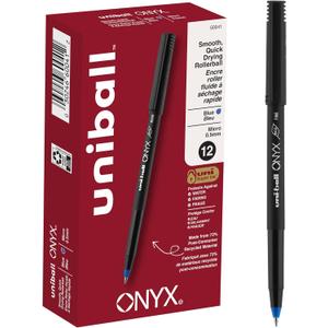 Uni-Ball Onyx Rollerball Pens, Micro Point, 0.5 mm, Black Barrel, Blue Ink, Pack Of 12
