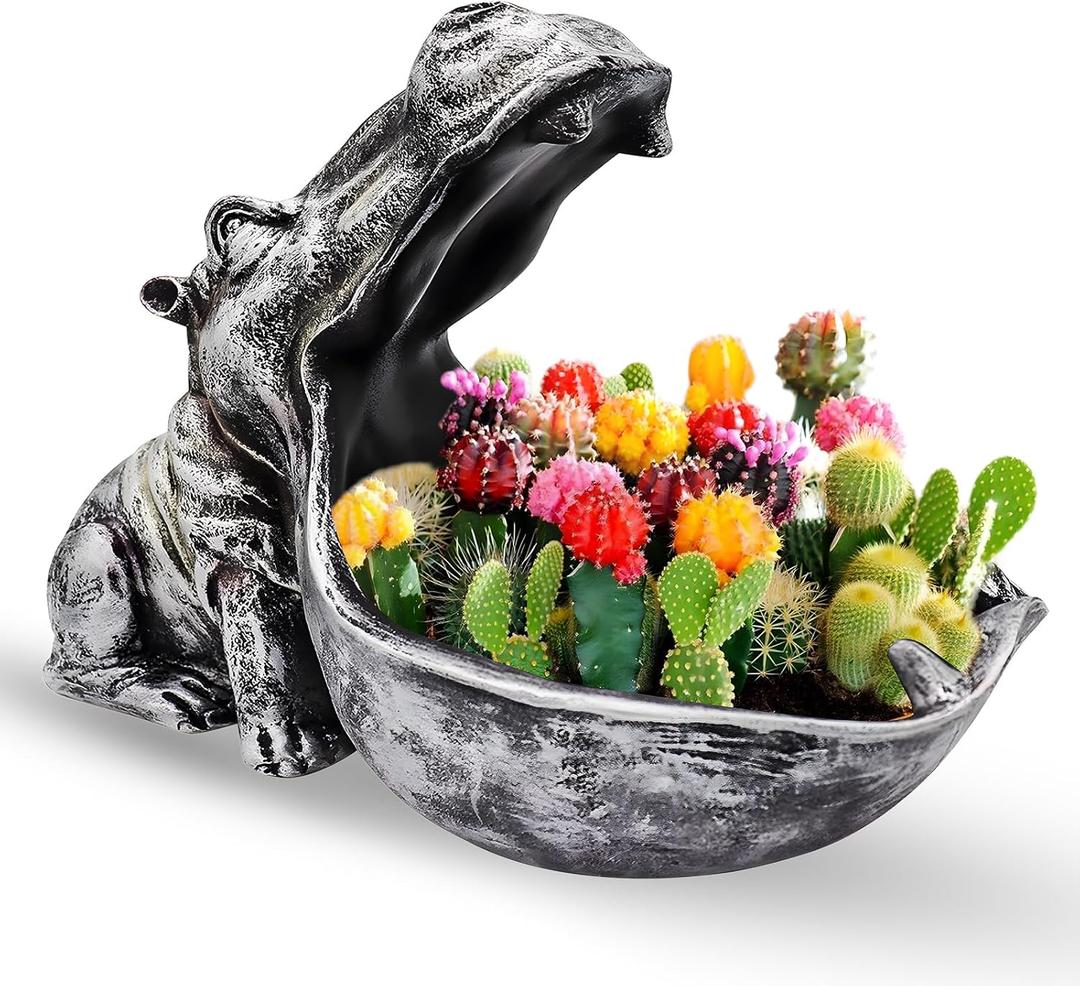 Hippo Statue, Hippopotamus Figurine Home Sculpture with Resin, Hippo Candy Jar, Candy Dish Bowl for Office Desk, Key Bowl for Entryway Table, Sundries Container Storage Art Decor Box(Grey) (Middle, Dark Blue2)