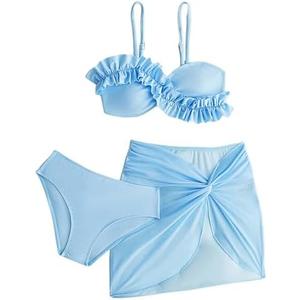 BEAUDRM Girl's 3 Piece Bikini Set Cute Ruffle Trim Swimsuits Bathing Suits with Twist Knot Beach Skirts 8 Y