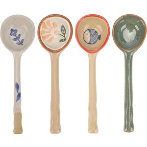 4 Pack Japanese Ceramic Soup Spoons, Slightly Larger Long Handle Design, Hand-Painted Porcelain Spoons for Miso, Wonton, Dumplings (Secure Packaging)