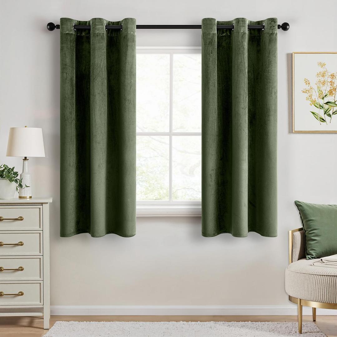 ANRODUO Olive Green Velvet Curtains 63 Inches Long Blackout Thermal Insulated Soundproof Curtain Privacy Room Darkening Curtains Grommet Window Drapes for Bedroom Living Room 42 x 63 Inch Set of 2