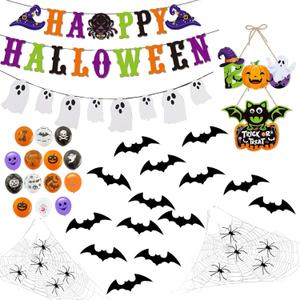 100+ Piece Halloween Decorations Set - All-in-One Kit Halloween Decor with Banner, Hanging Bats, Spider Web Decoration, Balloons, Photo Props & More! Fun for Kids & Family