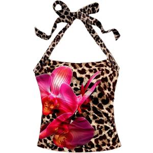 Milumia Women's Leopard Floral Tank Top Halter Neck Backless Sleeveless Party Tops (Large, Brown)