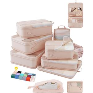 10 Set Compression Packing Cubes for Travel Women Mom,OlarHike Luggage Clothes Storage Gifts for Travelers,Airplane/Cruise/Car/Train Travel Essentials,Compressible Expandable Saver Space Bags(Beige)