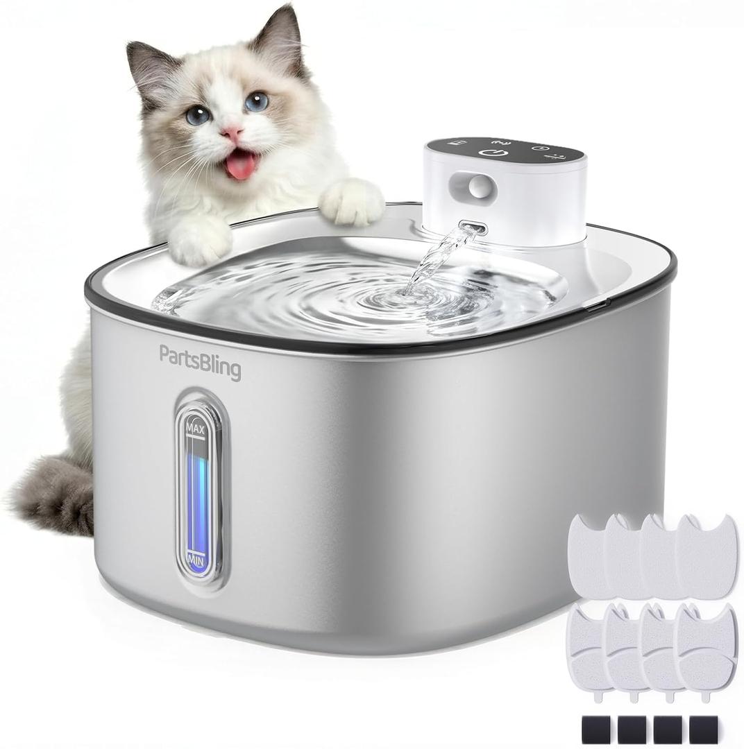 PartsBling Stainless Steel Cat Water Fountain, Cordless & Battery Operated 4.2L/142oz, Ultra Quiet 20dB, 5000mAh Rechargeable, Wireless Pet Fountain for Cats & Dogs, Includes 4 Filters, White