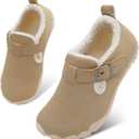 BARERUN Toddler Slippers Wide Waterproof House Shoes Fuzzy Suede Moccasin Slippers for Kids Barefoot Adjustable Indoor Outdoor Slip On Warm Winter Shoes (Beige)