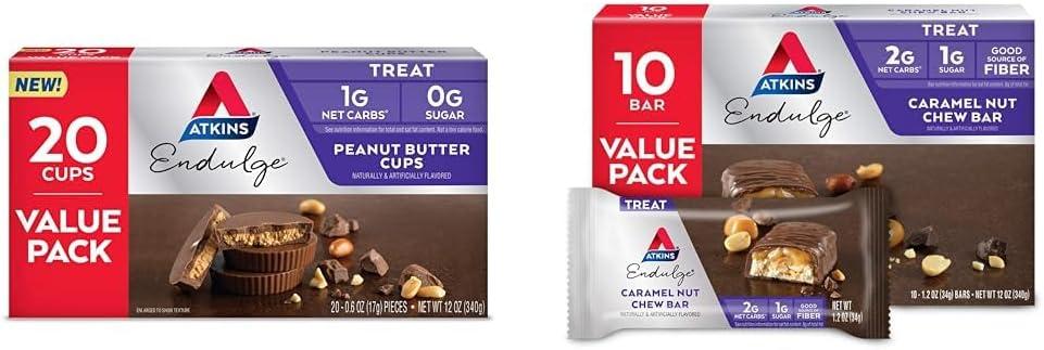 Atkins Endulge Peanut Butter Cups, Dessert Favorite, Low Carb, 0g Sugar, 40 Count & Endulge Caramel Nut Chew Bar, Dessert Favorite, 1g Sugar, Good Source of Fiber, Low Sugar, 10 Count, Best By: 10/23/26