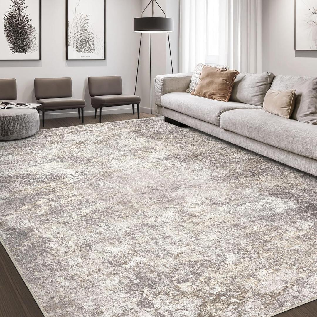Area Rug Living Room Rugs - 9x12 Abstract Large Soft Indoor Washable Rug Neutral Modern Low Pile Carpet for Bedroom Dining Room Farmhouse Home Office - Brown
