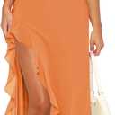 Women's Sexy V Neck Mesh Ruffles Hem High Slit Bodycon Maxi Dress for Women Formal Cocktail Wedding Guest Dresses (Large, Orange)