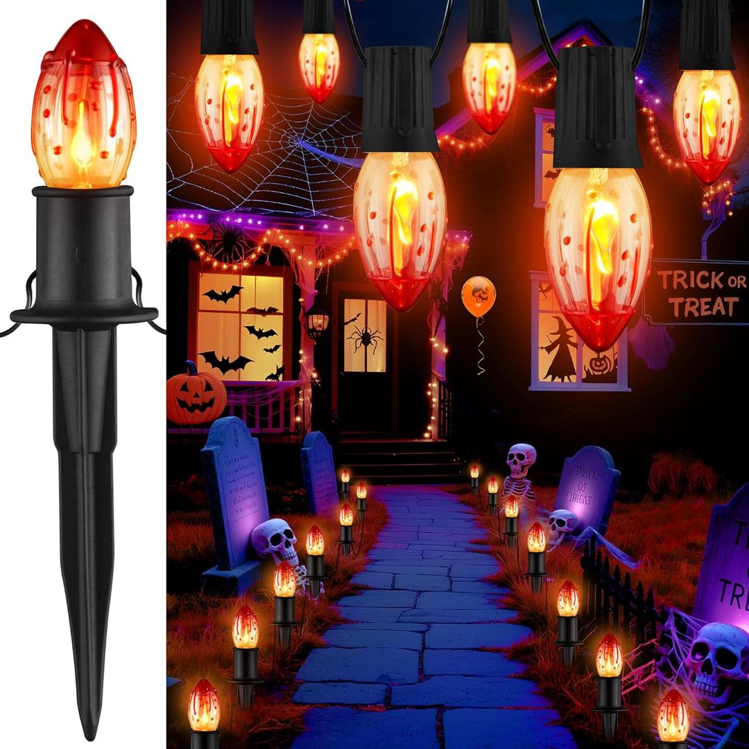 24.2FT Flickering Flame String Lights with Stakes - C9 Halloween Pathway Lights Outdoor Waterproof - 20 Red Flicker Flame Twinkle Walkway Light for Lawn Yard Party Halloween Decorations