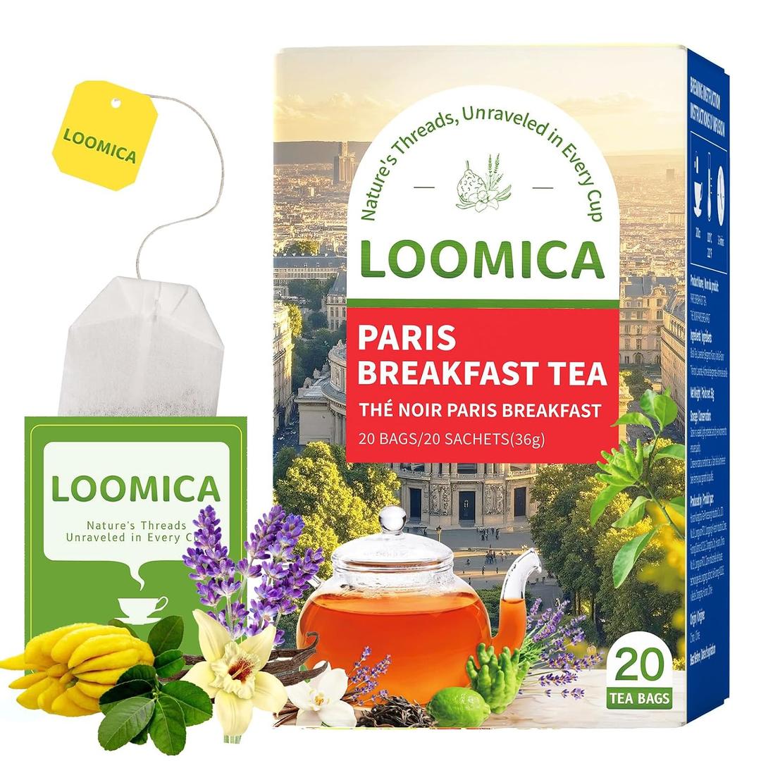 LOOMICA Paris Breakfast Black Tea Bags, 20 Ct, Lavender Bergamot Vanilla | Rich & Smooth, Flavored Black Tea, Morning & Afternoon Tea, Full-bodied; Individually wrapped, Hot or iced, Home & office (EXP 05/08/28)
