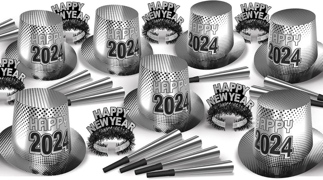 Beistle New Year 2024 Assortment for 50 People Party Favors and Supplies, NYE Photo Booth Props, Made in USA Since 1900, One Size, Silver/Black