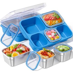 Snackle Box Containers, Stainless Steel 5 Compartments Divided Serving Tray with Lid, Removable LeakProof Portable Bento Box for Fruit Candy Nuts Food - School, Picnic and TravelBlue