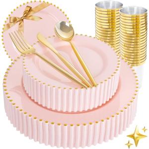 180pcs Pink Plastic Plates with Gold Beads,Elegant Heavy Duty Disposable Plates,Pink and Gold Dinnerware Set Include 10.25" Dinner Plate and 7.5" Dessert Plate with Plastic Silverware and Cups Party