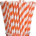 ALINK 75 Orange and White Striped Paper Straws, Biodegradable Disposable Drinking Straws for Halloween, Bridal Shower, Brithday, New Year, Party Decoration Supplies
