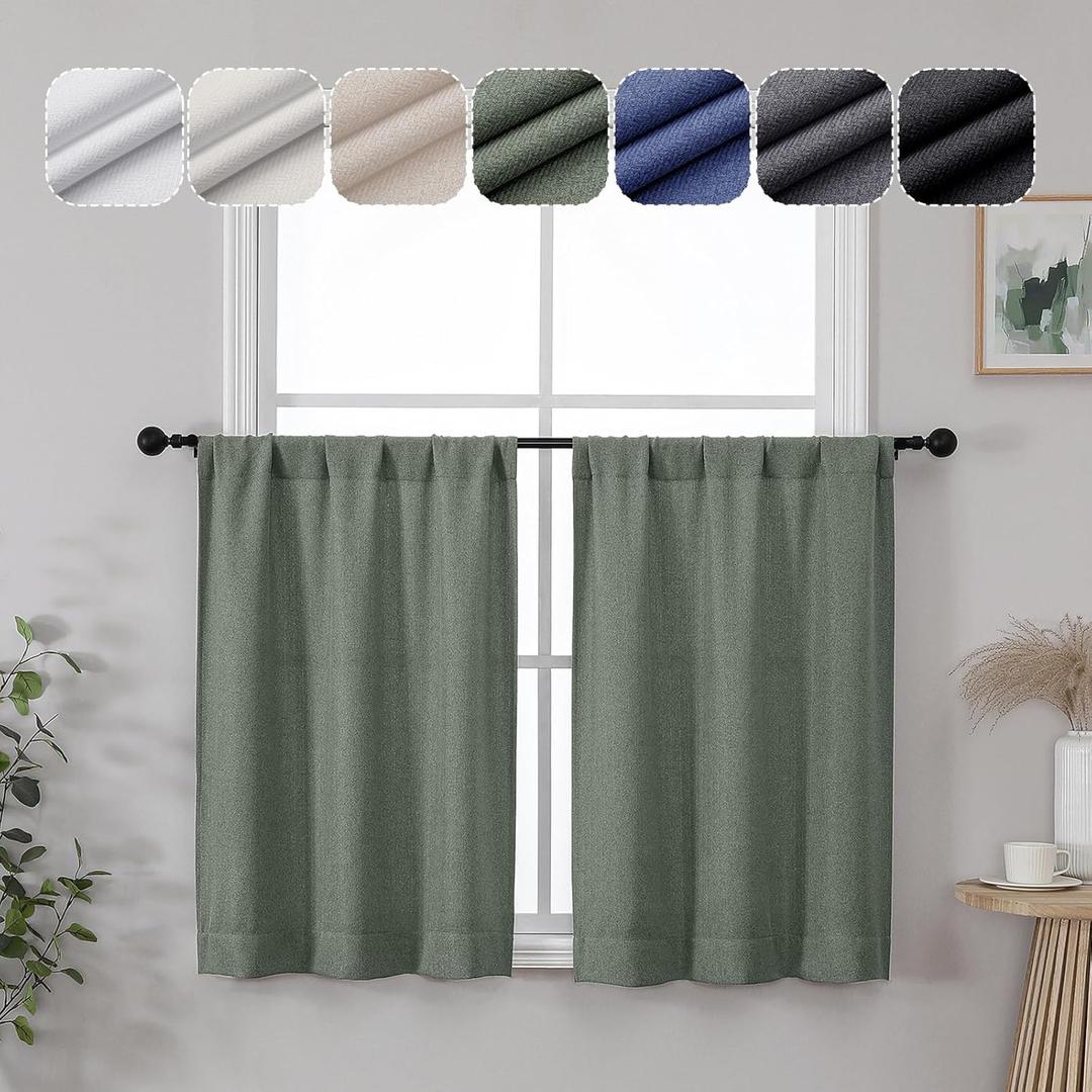 Lecloud Estelle 36 Inch Sage Green Curtain Tiers, Light-Filtering Short Curtains, Farmhouse Window Treatments, Herringbone Textured Curtains Rod Pocket (Each 30 W x 36 L, 2 Panels Set, Sage Green) (30"W x 36"L (Pack of 2))