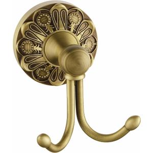 Antique Brass Towel Hook, Wall Mounted Bathroom Hook for Clothing & Robe Hanger, Screws Install Shower Wall Hook, Vintage Gold Brass Petal-Relief Series Longhorn Double Hook