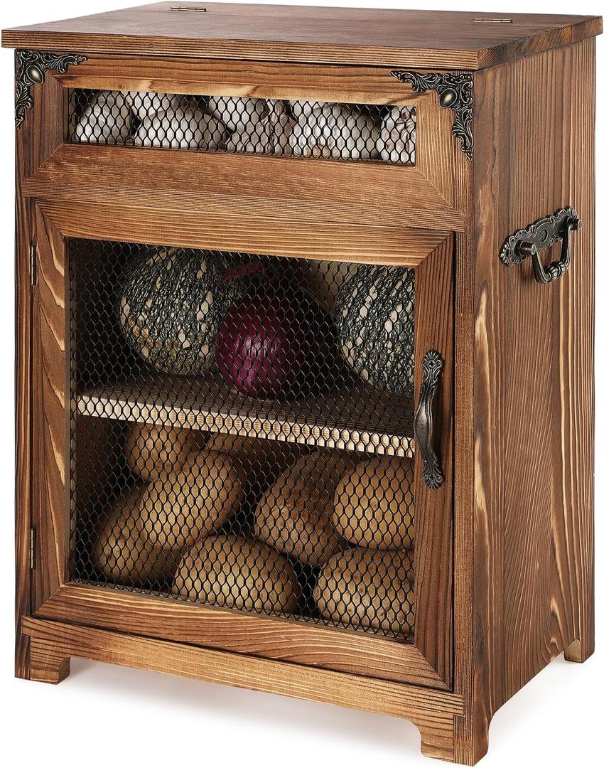 Mini Potato and Onion Storage Bin - Wooden Storage Box for Kitchen Countertops, Vegetable Storage Bins, 12.2"W x 6.5"D x 16"H (Rustic Color)