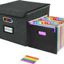 File Organizer Box with 25-Pocket Accordion Folder, File Folder & Protective Lid - Document Storage for Home, Office, School, Dark Grey