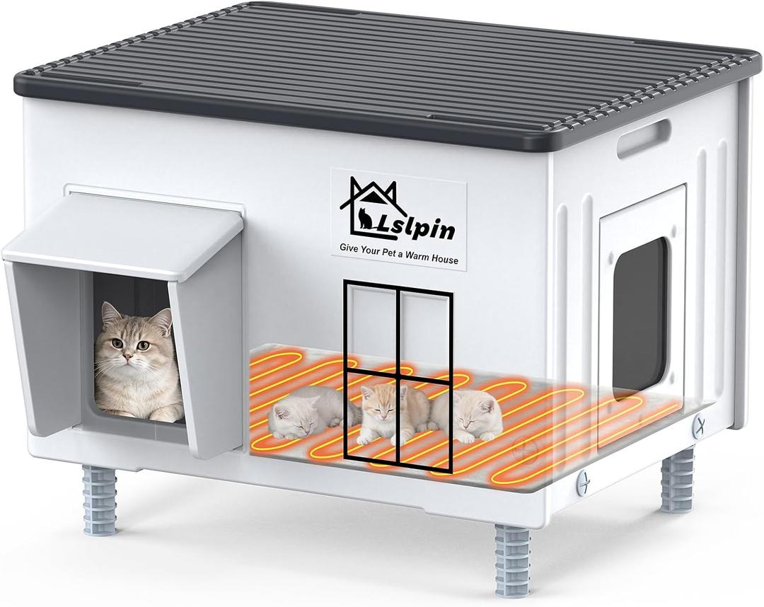 Indestructible Heated Cat House for Outside, 100% Waterproof & Weatherproof Outdoor Heated Cat House with Escape Door for Winter, Insulated Feral Cat Warming Shelter for Barn Patio, 22x17x17.5 in