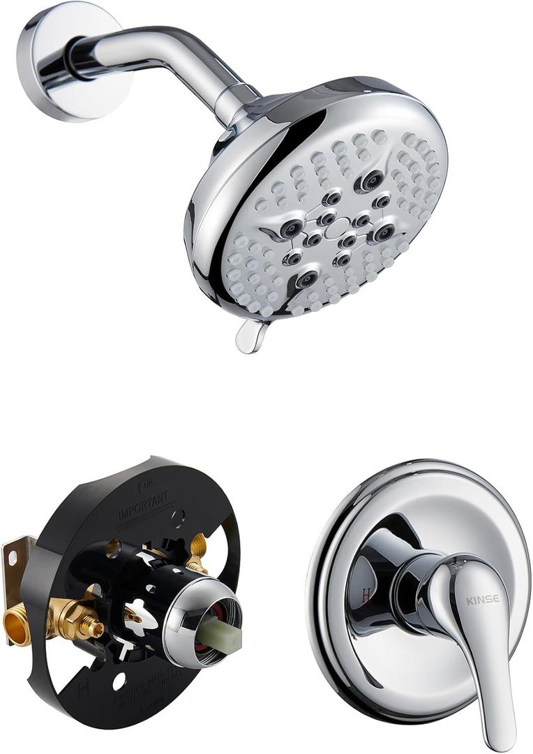 KINSE 5- Inches Shower head, Shower Faucet Set, shower kit with valve and shower headBrass valve and stainless steel kitsWithout tub spout (Chrome)