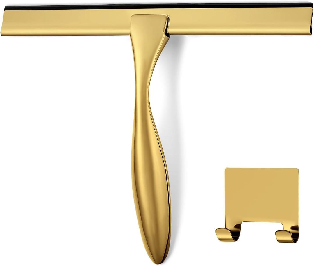 HIWARE All-Purpose Shower Squeegee for Shower Doors, Bathroom, Window and Car Glass - Brass, Stainless Steel, 12 Inches