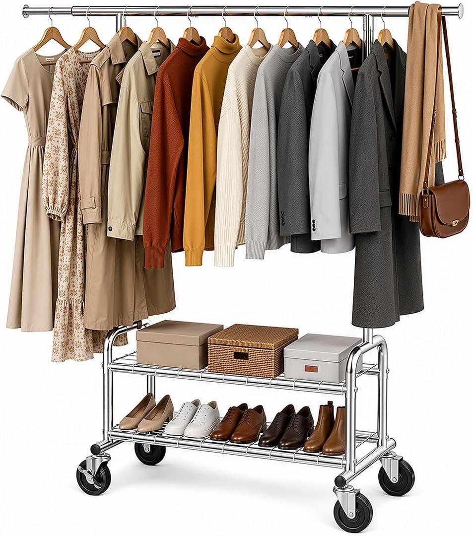 Heavy Duty Clothing Rack with Shelves, 660 LBS Capacity Rolling Metal Clothes Rack with Lockable Wheels, Garment Rack for Bedroom, Laundry Room, Portable Closet Organizer, Silver