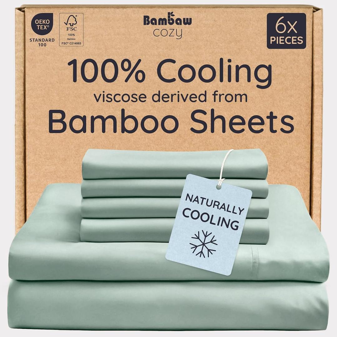 Bambaw King Sheet Set 6pcs – 100% Viscose Derived from Bamboo Sheets King Size Deep Pocket, Fits Up to 16'' with Elastic Corner Straps, Soft Cooling Sheets for Hot Sleepers (Sea Glass)