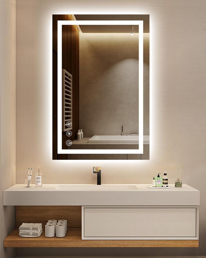 24''x36'' Bathroom Mirror with Lights,Front Lighted Bathroom Mirrors for Wall,Anti-Fog Smart Vanity Mirror,Touch Button and Memory Function,Dimmable 3-Color Lights (Horizontal/Vertical)