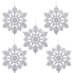 30 Pack Silver Glitter Snowflake Ornaments, Plastic Christmas Tree Decorations for Winter Wonderland, Hanging Craft Snowflakes (4 Inch)