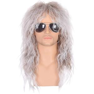 morvally Mens 80s Style Wigs | Long Curly Silver Gradient Brown Synthetic Hair | Heavy Metal, Glam Rock-Rocker Wig | Perfect for Halloween, Cosplay, DIY Themed Costume Party