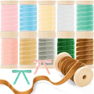 Chuangdi 10 Roll 50 Yards Christmas Velvet Ribbon Bulk 3/8 Inch Wooden Spool Thin Luxury Vintage Crushed Velvet Ribbon for Christmas Ornaments Gift Wrapping Crafts Bows Xmas Decor(Morandi Colors)