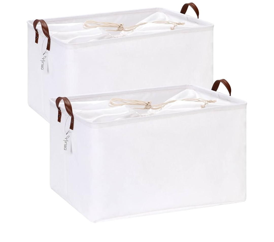 Hinwo 4-Pack Extra Large Canvas Fabric Storage Baskets with Handles, 70L Oversized Storage Bins, Collapsible Storage Box, Clothes, Toys, Blankets Organizers, 22 x 15 x 13 inches, (White)