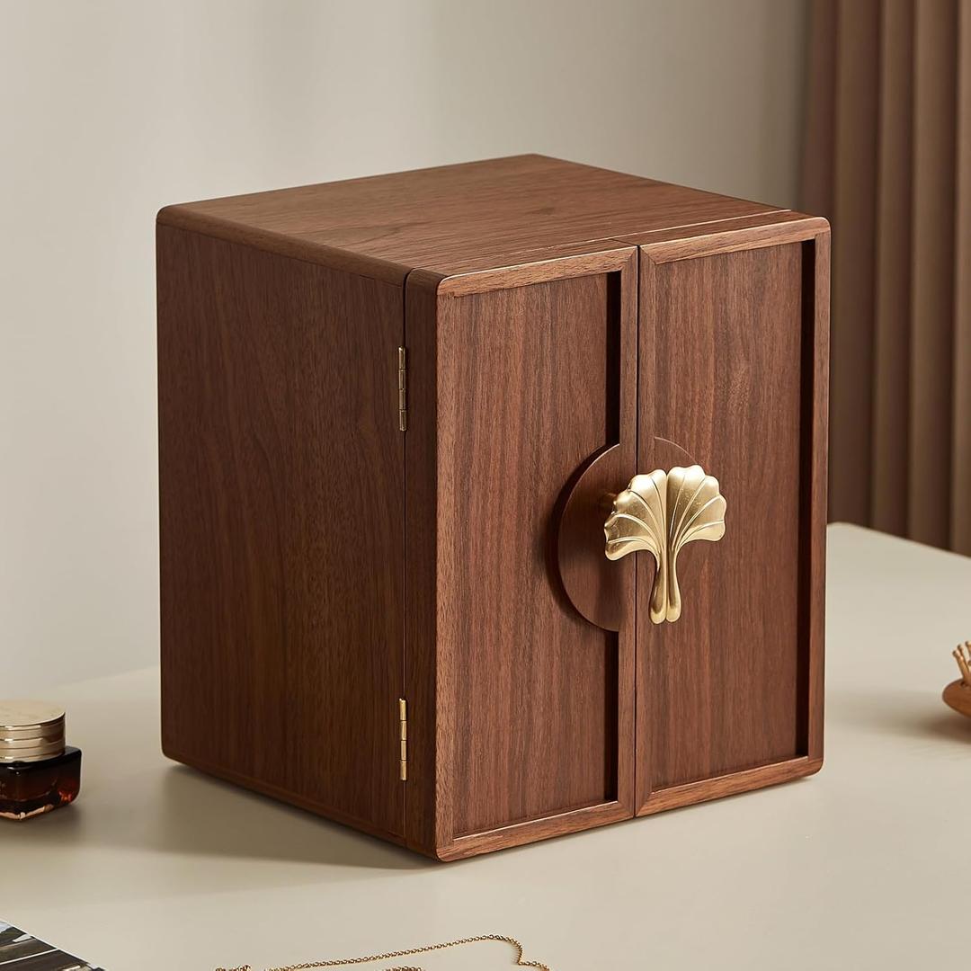 Wooden Jewelry Box 5 Layer Black Walnut Large Jewelry Organizer with Brass Handle for Necklaces Rings Earrings Watches Storage, Ideal Gift (7.9x8.7x10.0inches)